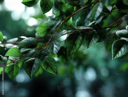 Glossy green leaves on thin branches with visible veins and a natural shine, illuminated with a soft focus effect in the blurred background, creating a tranquil natural scene
