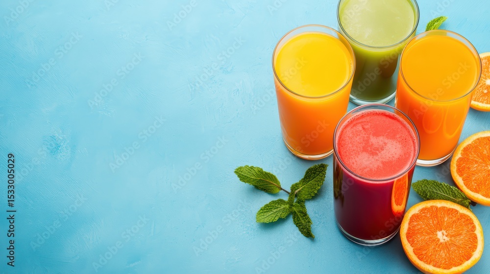 Fototapeta premium Colorful Array of Fresh Juices in Glasses Surrounded by Fresh Fruits on Blue Background