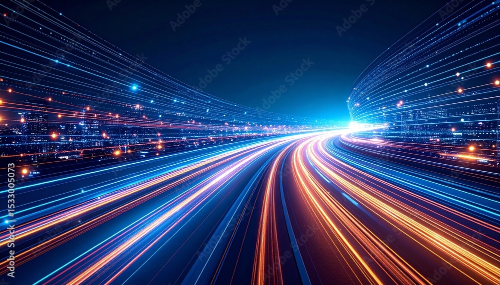 Obraz premium A futuristic highway with streams of light and the concept of high speed data flow, capturing a sense of technological innovation