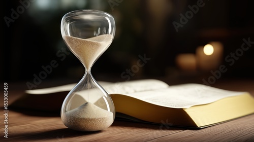A photorealistic image of an elegant hourglass with slowly flowing fine sand is placed on a wooden table next to an open Bible, while soft, warm lighting casts subtle shadows.