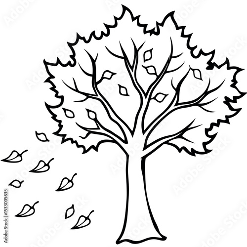 Black and White Sycamore Tree Autumn Leaf Fall Illustration
