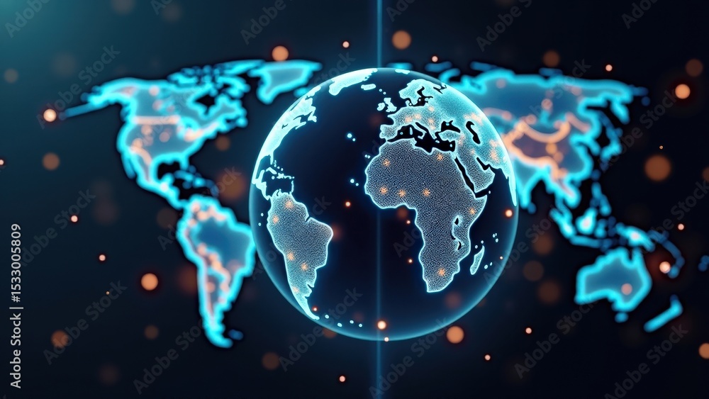 Naklejka premium Globe with real-time glowing data streams (GDP, trade, growth %) connecting continents, upward graphs, deep space backdrop, growth, financial, business.