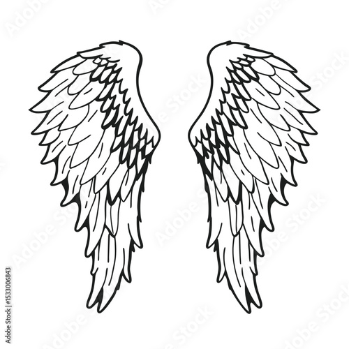 Black Outline Angel Wings Illustration - Printable Feathered Design for Art and Craft Projects