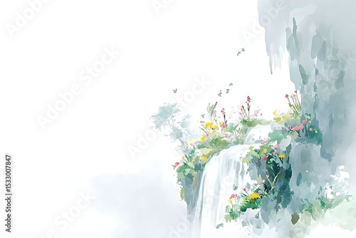 Serene Watercolor Waterfall with Floral Cliffside