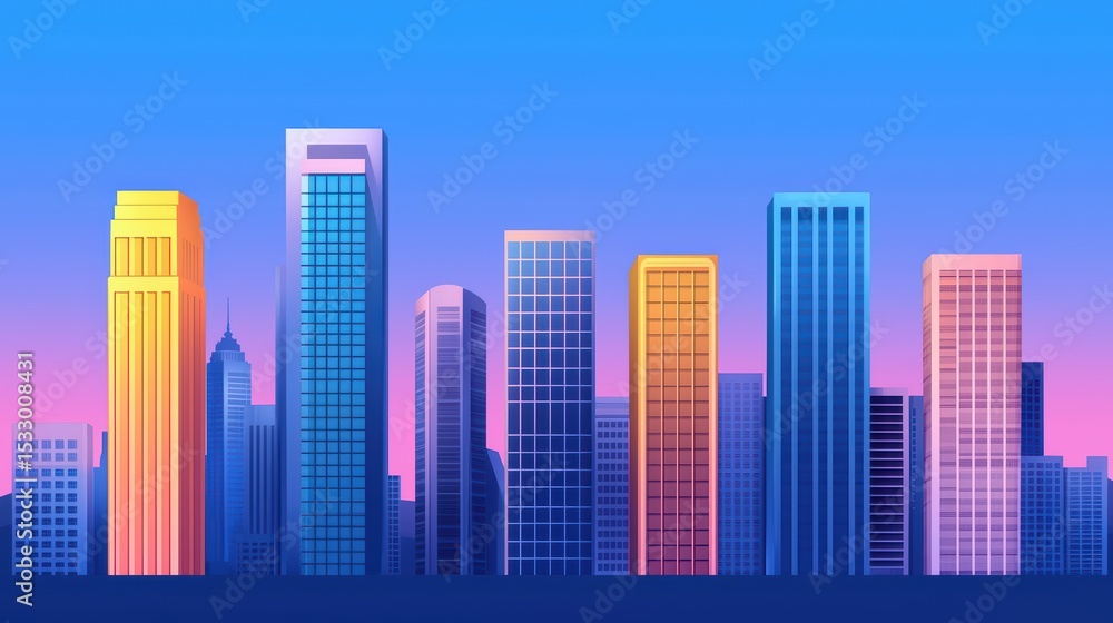 Colorful City Skyline at Dusk with Elegant Modern Architecture and Illuminated Towers Colorful City Skyline at Dusk with Elegant Modern Architecture and Illuminated Towers