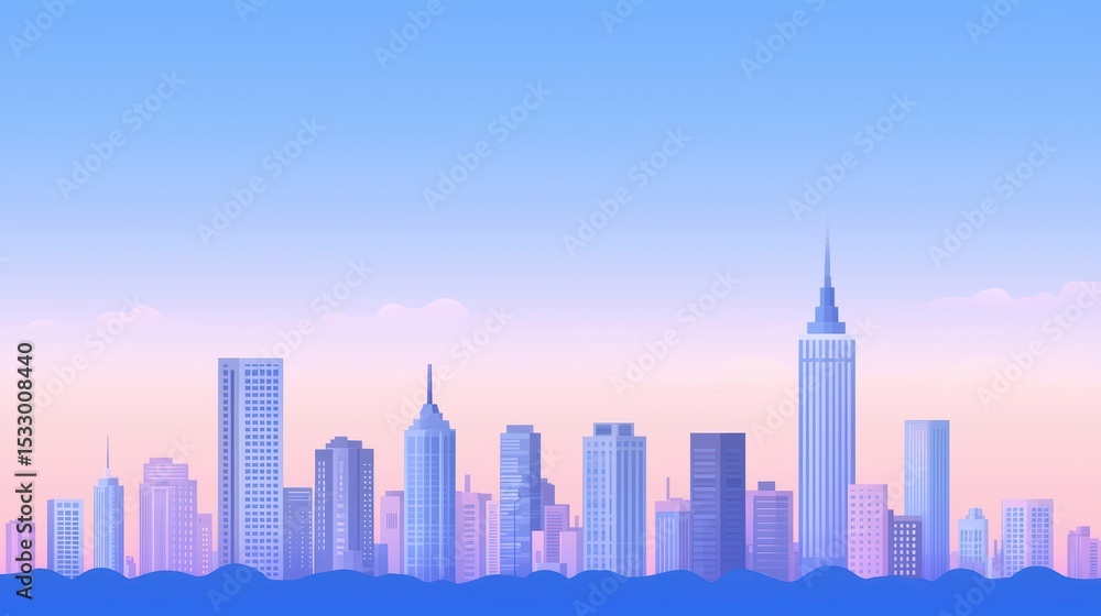 Naklejka premium Urban skyline illustration featuring iconic landmarks and a vibrant sunset sky in pastel colors for artistic and modern design