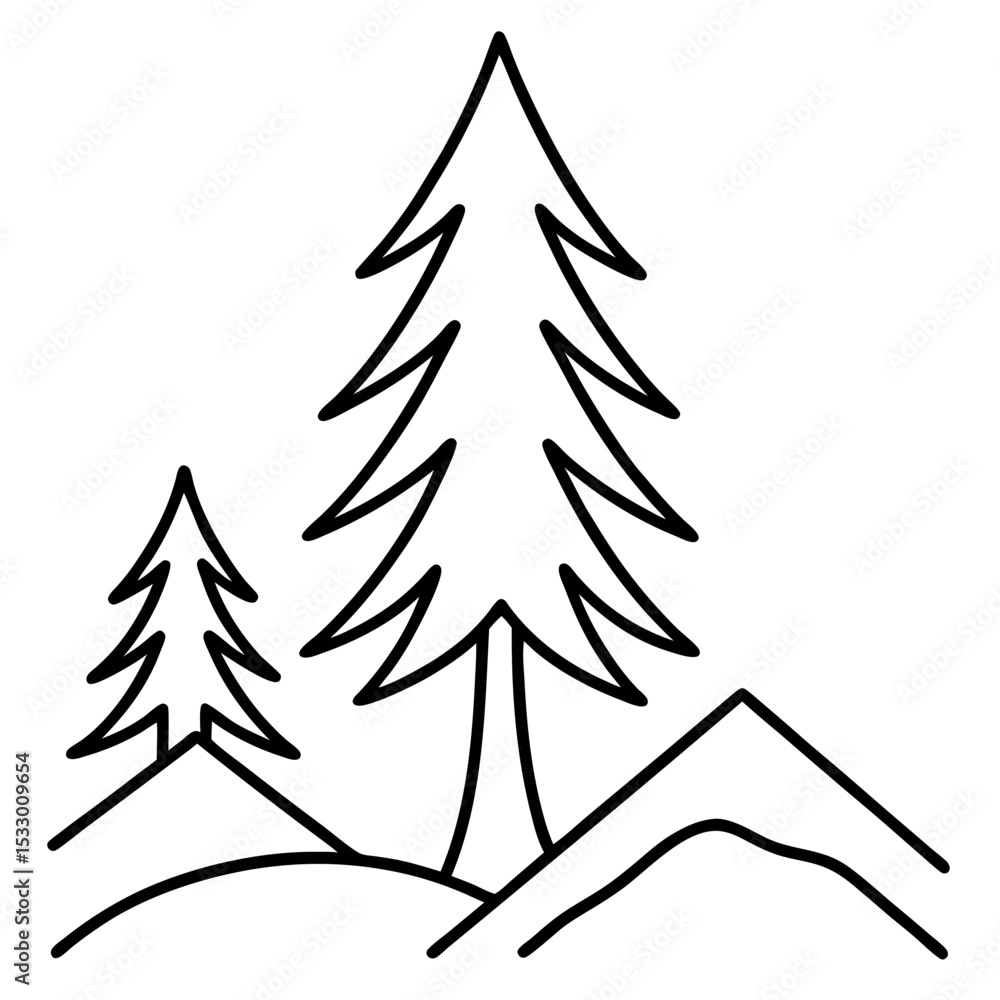 Fototapeta premium Black Line Drawing Spruce Trees Mountain Landscape Minimalist