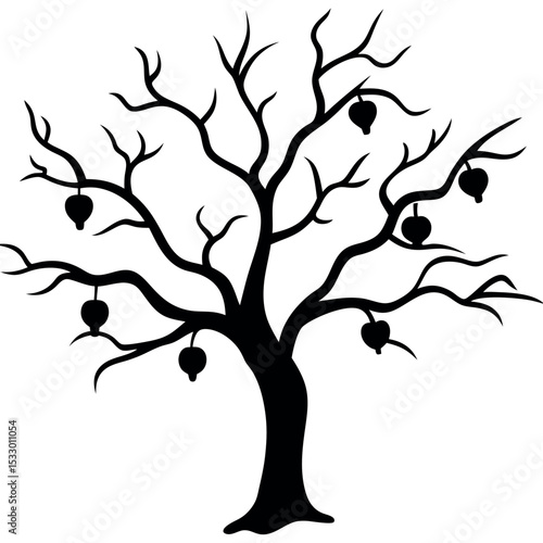 Black Silhouette Plum Tree Drooping Branches Fruit