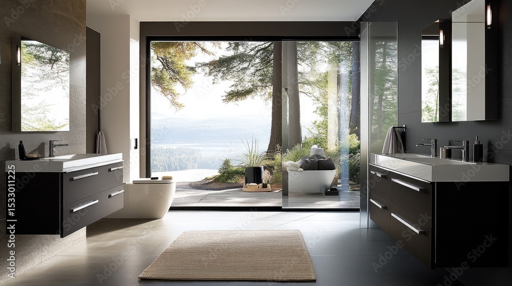 Fototapeta premium Modern bathroom design with scenic view of nature, large windows, and elegant furnishings in a serene setting