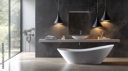 Modern minimalist bathroom design featuring a freestanding bathtub, stylish lighting, and sleek furnishings set against a natural backdrop