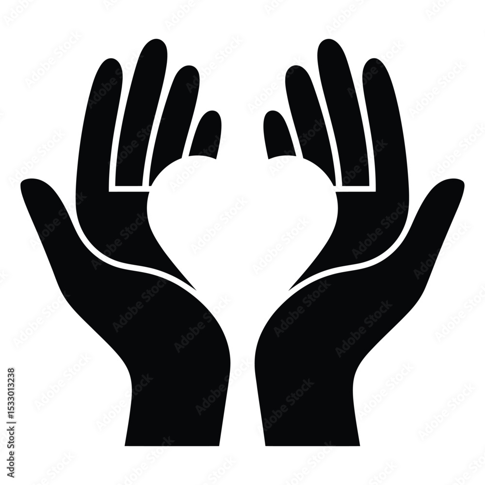 Obraz premium Heart inside hands (self-love), Mental Health and Self Care. A simple, black and white graphic of two hands holding a heart shape.