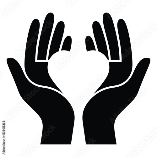 Heart inside hands (self-love), Mental Health and Self Care. A simple, black and white graphic of two hands holding a heart shape.