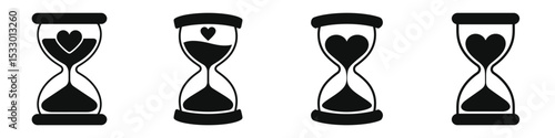 Hourglass with heart (taking time for self-love), Mental Health and Self Care. Four stylized hourglasses in black silhouette against a white background.