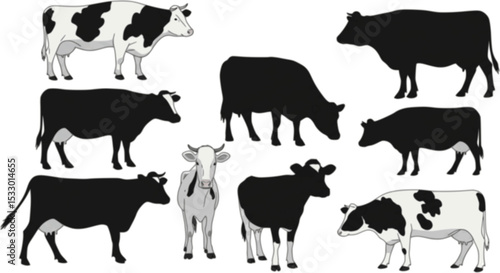 set of cow vector silhouettes, set of different style cow, Dairy farm cow, Cow Grazing On Meadow, vector silhouettes	