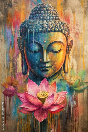 Buddha statue with lotus flower colorful artistic representation spiritual peaceful serene.