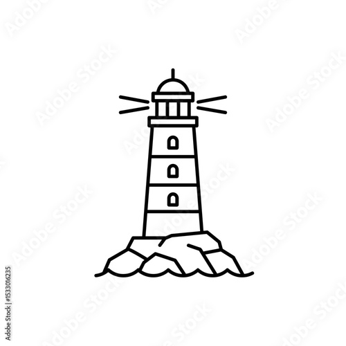 Lighthouse standing on rocks with light beams during daytime  