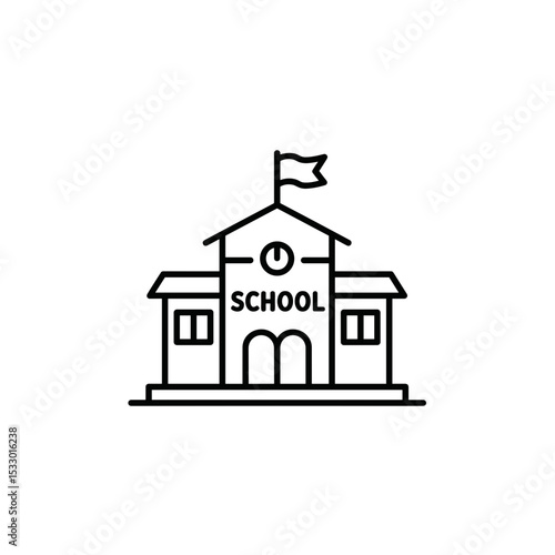 Outline of a school building with flag and clock on top  
