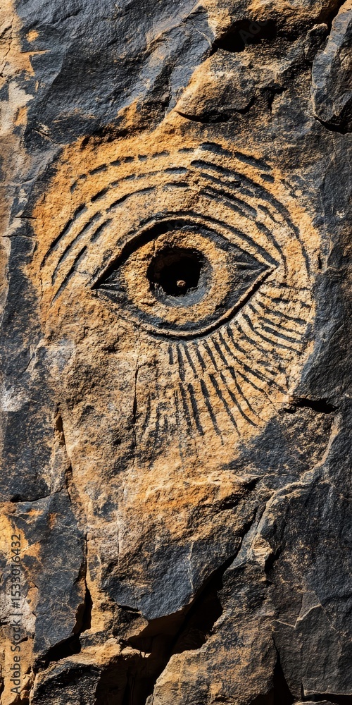 Obraz premium Carved eye in stone or rock surface with detailed texture and patterns.