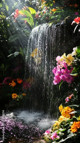 Waterfall surrounded by colorful flowers and lush green foliage in a garden.