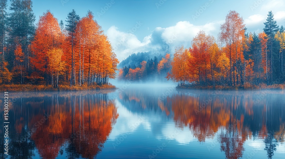 Obraz premium Peaceful lake reflecting colorful autumn trees with morning fog hanging above the surface.