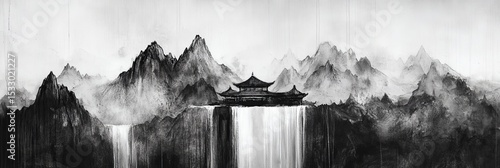 Black and white painting of mountains waterfalls and a building in the center.