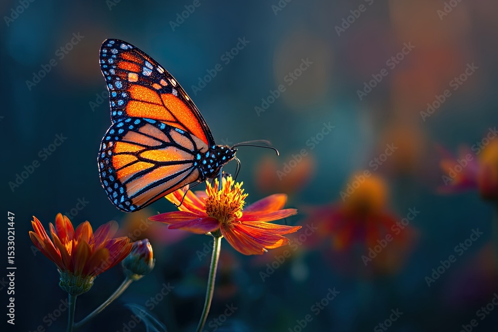 Fototapeta premium High-resolution macro photo of a monarch butterfly on a vibrant flower, sunlit glow, bokeh background, moody lighting