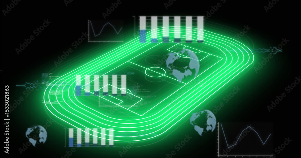 Naklejka premium Displaying neon green oval track, soccer field lines, charts, code and globe icons on black panel