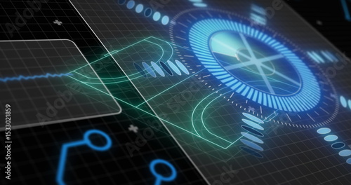 Wallpaper Mural Displaying glowing circular gauge pulsing on dark grid, with waveform traces and node connectors Torontodigital.ca