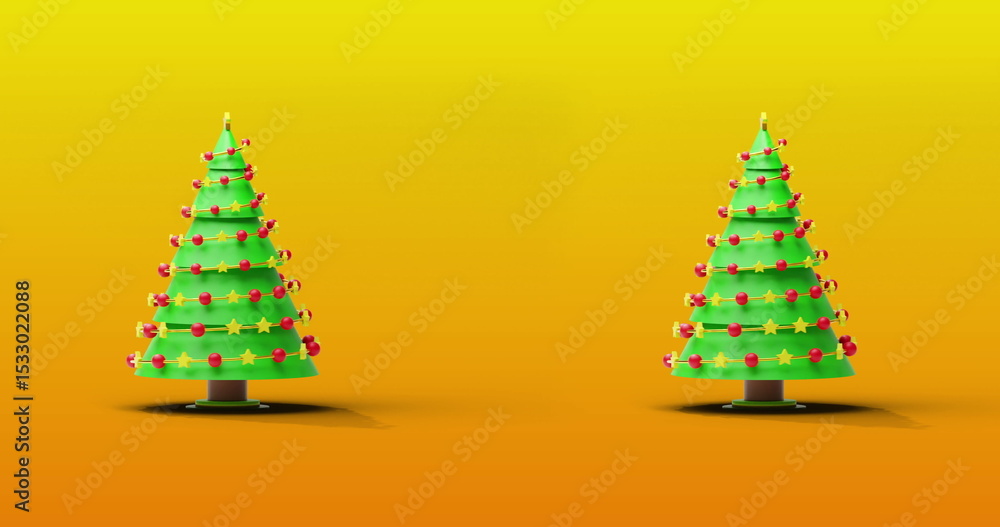 Naklejka premium Featuring two green Christmas trees on bases in abstract studio, with red baubles and yellow stars