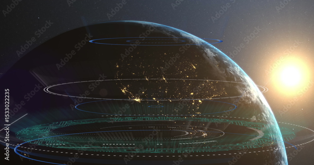 Obraz premium Planet Earth rotating in outer space, with holographic rings, data grids and sun glow, copy space