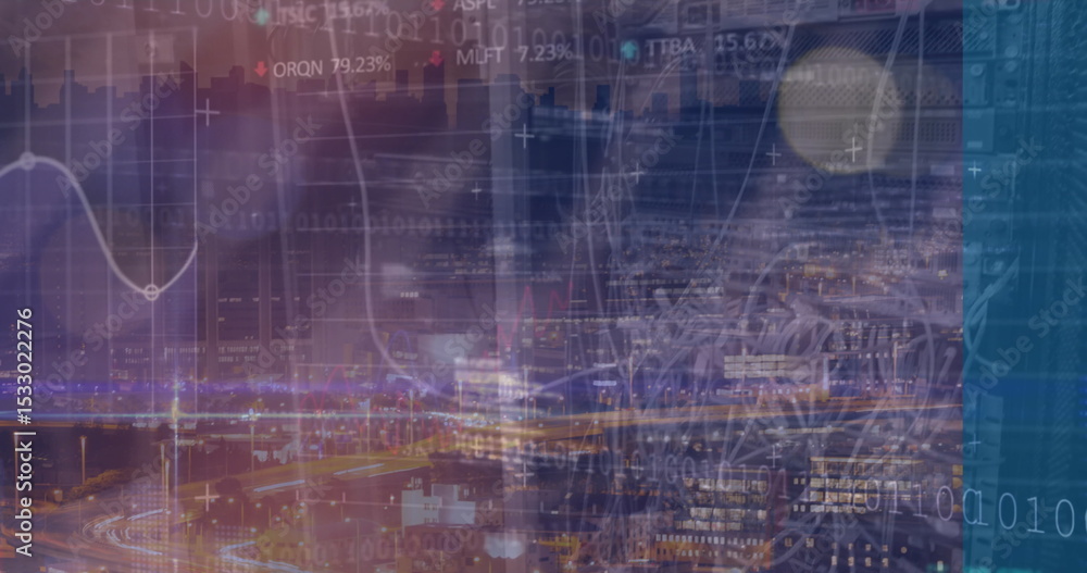 Obraz premium Displaying nighttime urban skyline with highway light trails, showing purple-blue data overlays