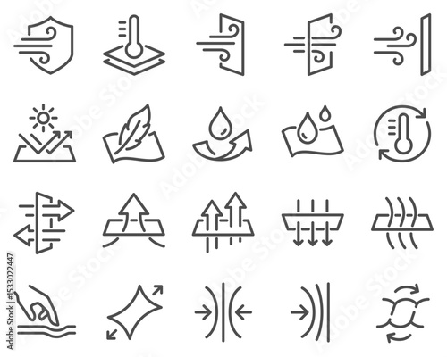 Simple Set of Fabric Properties Related Vector Line Icons. Contains such Icons as Stretching, Windproof, Breathable and more.
