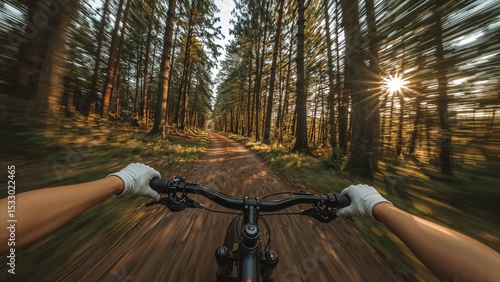  First-person view from a bicycle ride, turning slightly right on a forest trail