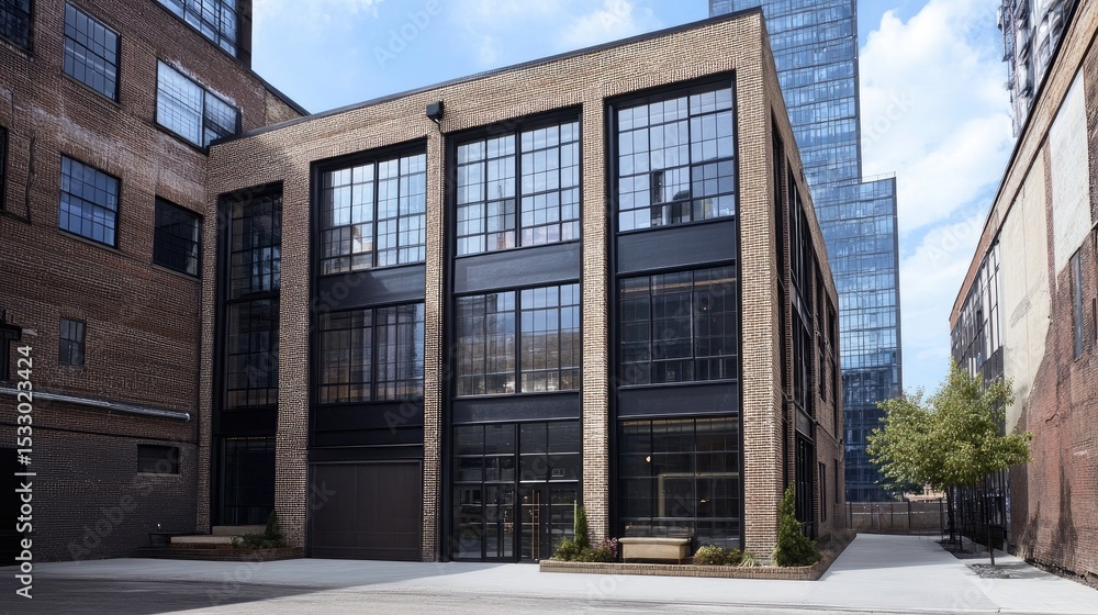 Fototapeta premium Modern Urban Architecture Design Featuring Industrial Building with Large Windows and Brick Facade Against City Skyline
