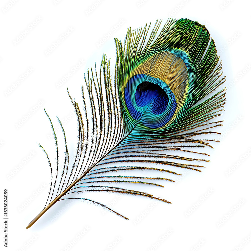 Fototapeta premium Single peacock feather isolated on white background