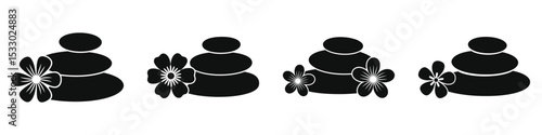 Spa stones and flower, Mental Health and Self Care. Black and White Stacked Stones and Flowers Icon Set for Spa or Wellness