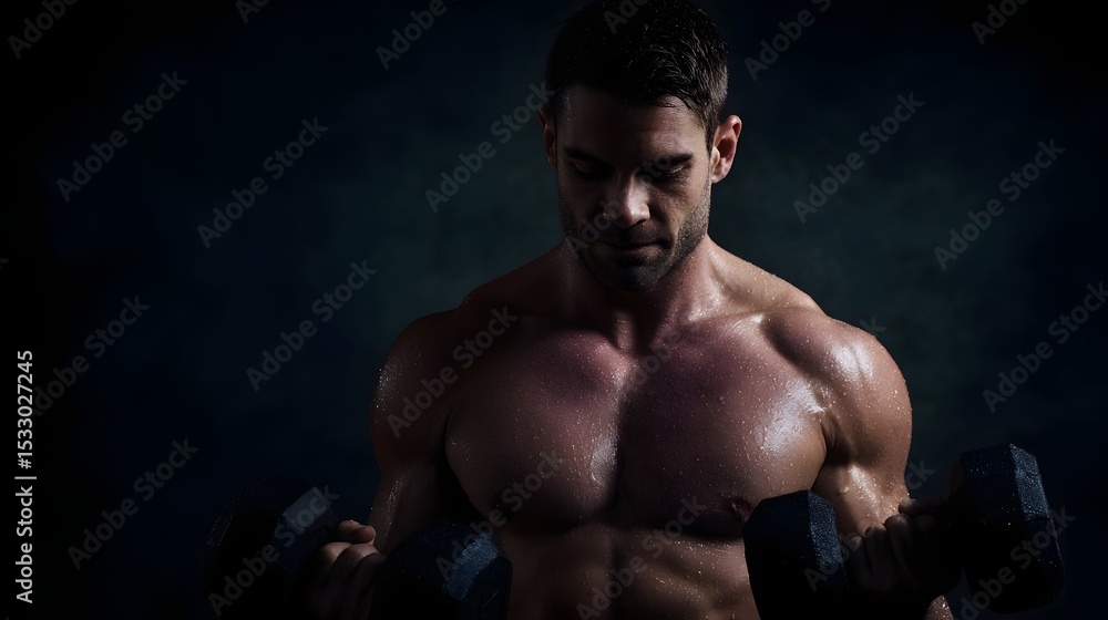 Fototapeta premium Muscular man lifting heavy weights in a dimly lit gym