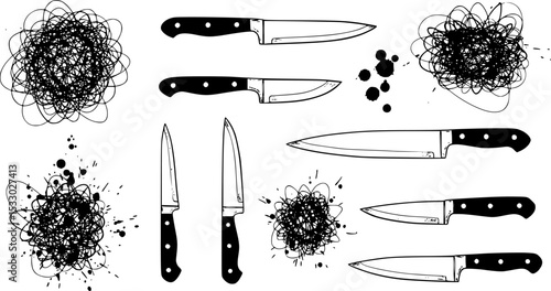 knifes Abstract ink drawing, chaotic lines and splatters, black and white, pen sketches, gestural marks, expressionist style, scribbles and doodles, minimalist composition, artistic chaos, vector