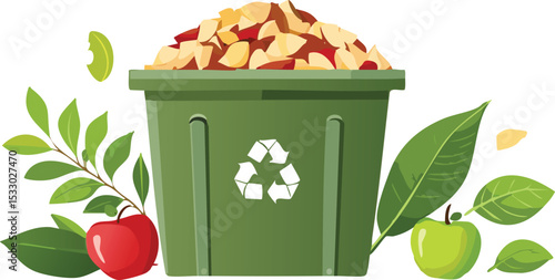 Compost Bin Filled with Apple Cores, Leaves, and Organic Waste