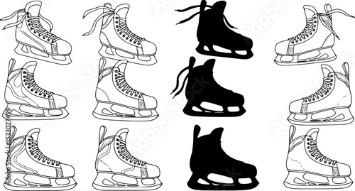 set of Tied Handing Hockey Ice Skates Clipart Set- Outline, Silhouette
