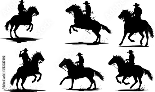 vector set of Cowboy rodeo set wild horses. Vector rodeo silhouette of cowboy riding wild horses isolated on white for design
