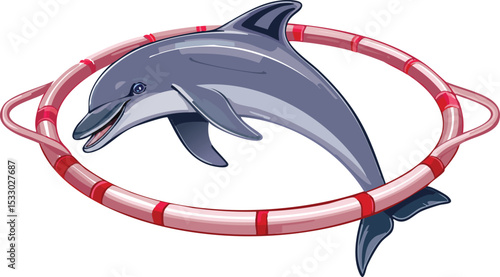 Cartoon Dolphin Jumping Through Hoop in Ocean Show Performance