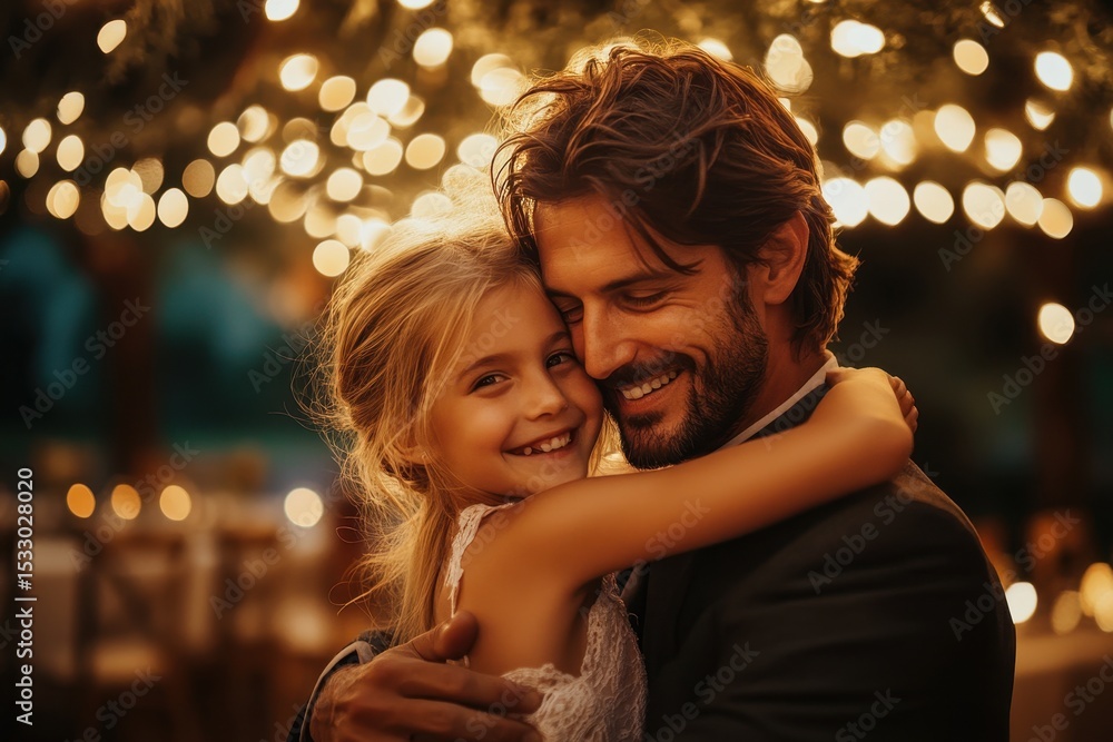 Father and daughter embrace under warm fairy lights during a joyful evening celebration at a garden venue Father and daughter embrace under warm fairy lights during a joyful evening celebration at a garden venue