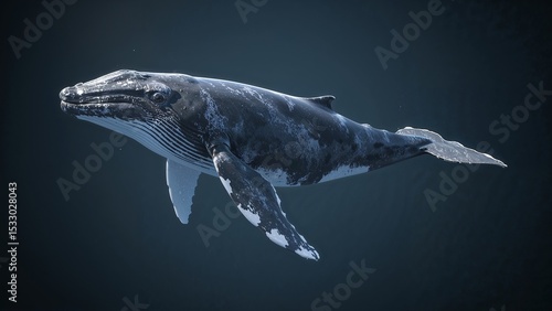  A highly detailed, realistic, and intricately textured 3D illustration of a majestic humpback whale, known as a ballena, emerging from the dark blue ocean water.