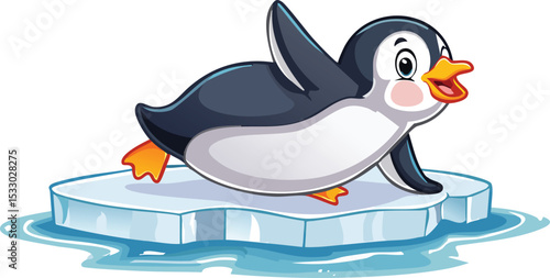 Cartoon Penguin Sliding Across Shiny Ice in Arctic Landscape