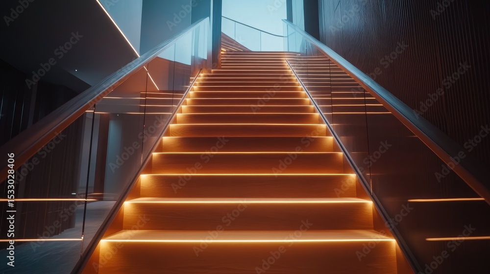 Fototapeta premium Modern staircase with stylish lighting design in contemporary interior space showcasing elegance and sophistication