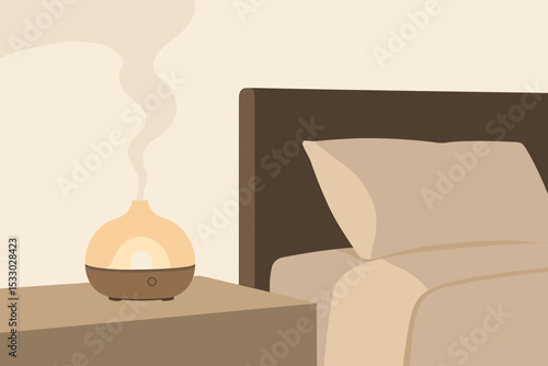 Aromatherapy diffuser emitting steam on bedside table near bed symbolizing relaxation and wellness