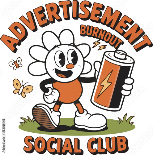 Black and White Flower Character Holding Battery Social Club Burnout Advertisement