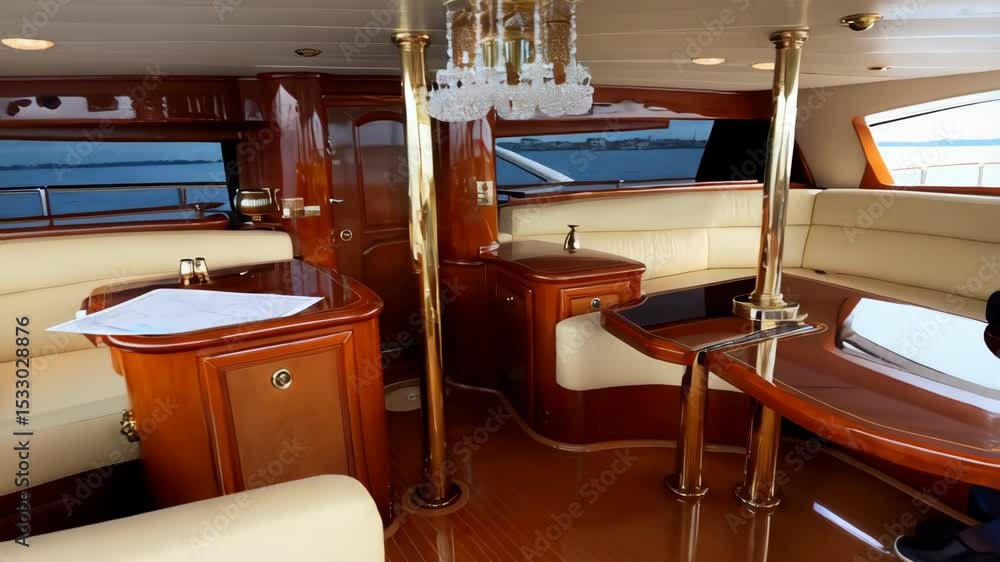 Luxurious yacht interior with man writing and scenic ocean view in motion Luxurious yacht interior with man writing and scenic ocean view in motion