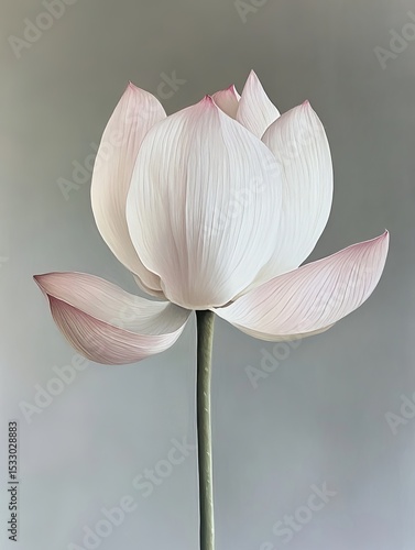 A single lotus flower with pink petals and a green stem on gray.